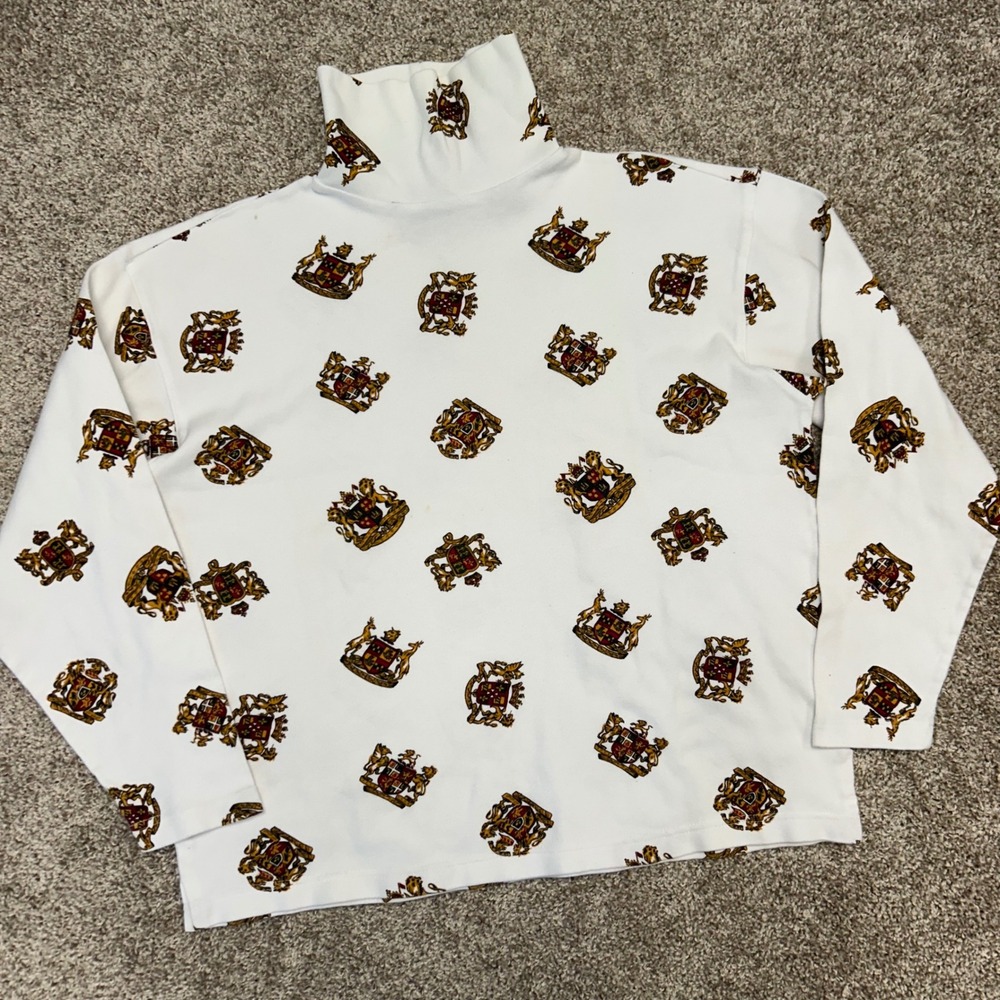 Vintage Bushwacker Turtleneck Women Size Medium All Over Crests‎ Cottage Cotton